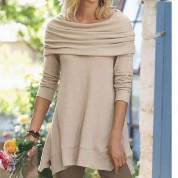 SOFT Surroundings Size M Tan Tunic Asymetrical Hem Cowl Neck Sweater  XS - Picture 1 of 8